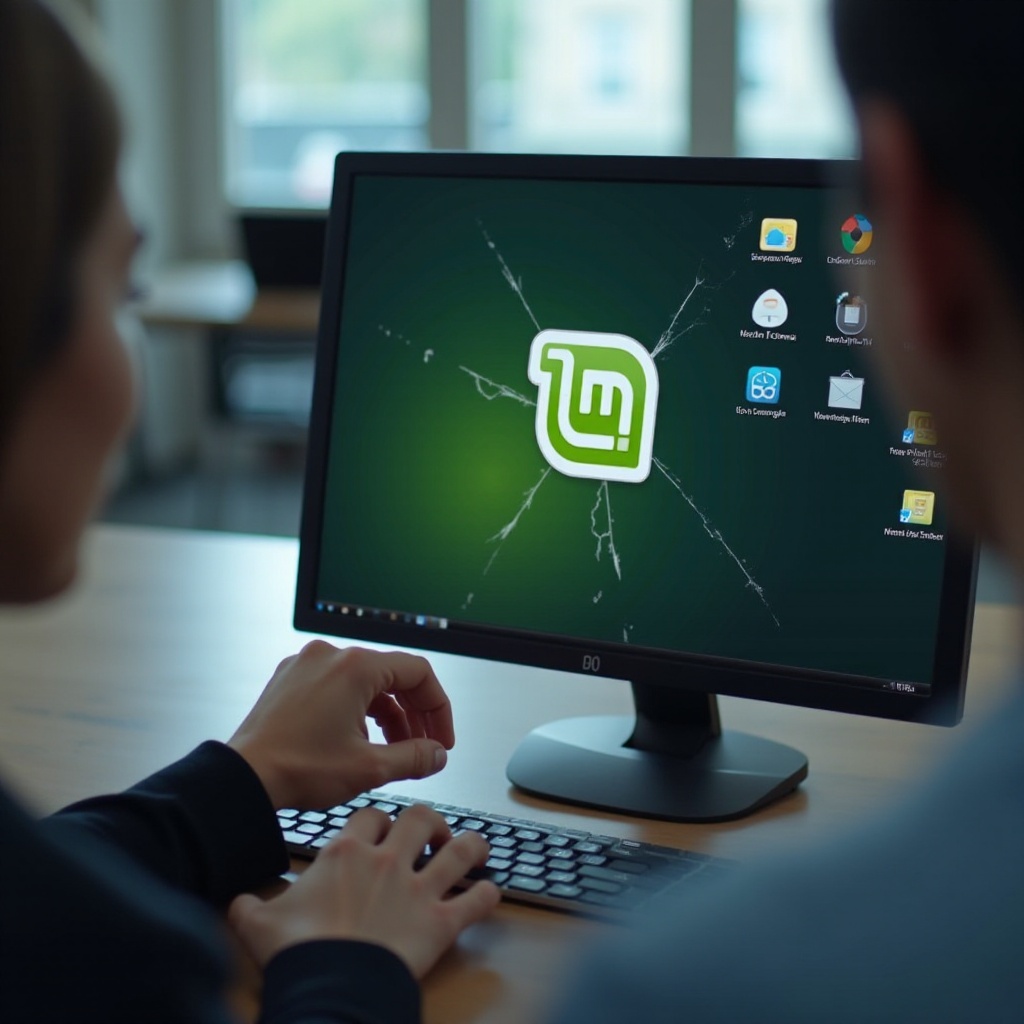 mencerminkan layar dari ponsel android yang rusak menggunakan komputer linux mint